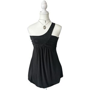 Y2K “Crell” Black One Shoulder Rhinestone Parachute Style Mini Dress or Top